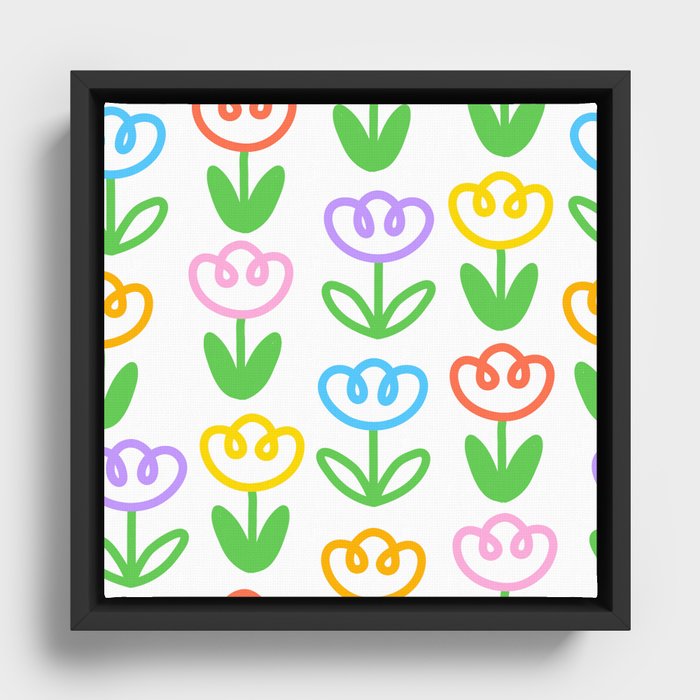 Colorful funny flower doodle print pattern Framed Canvas