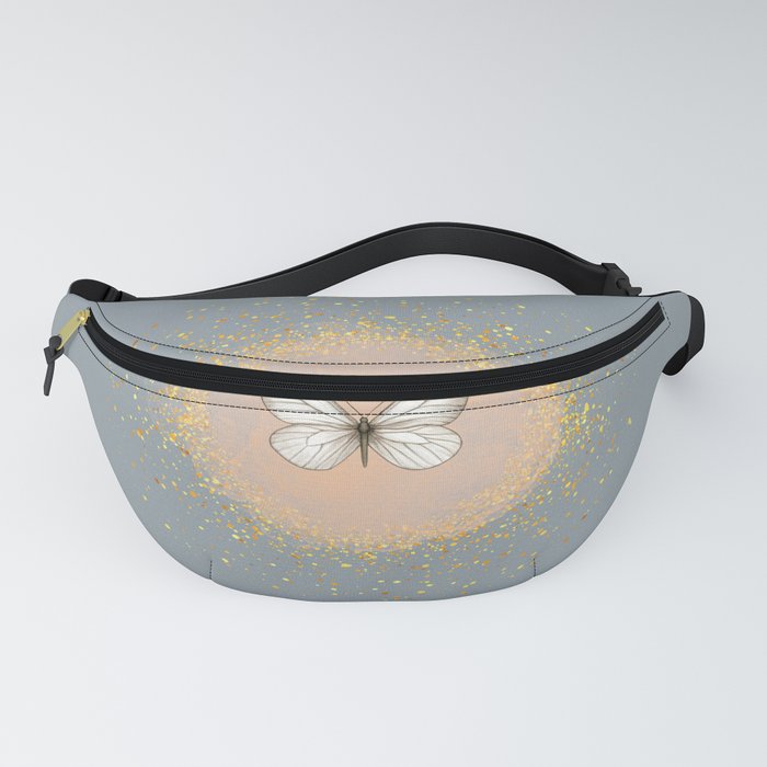 Hand-Drawn Butterfly and Gold Circle Frame on Greenish Gray Fanny Pack