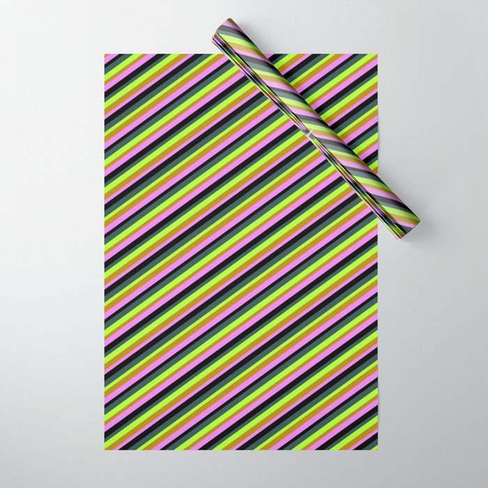 Eye-catching Light Green, Dark Goldenrod, Violet, Black, and Dark Slate Gray Colored Striped Pattern Wrapping Paper