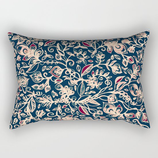 Navy Garden - floral doodle pattern in cream, dark red & blue Rectangular Pillow