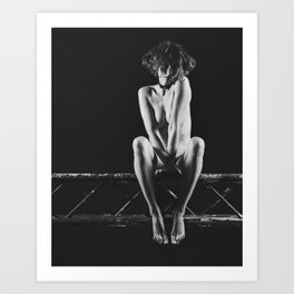 Nude woman sitting on a stage truss #9681 Art Print