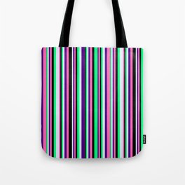 [ Thumbnail: Eye-catching Green, Lavender, Indigo, Hot Pink & Black Colored Lines/Stripes Pattern Tote Bag ]
