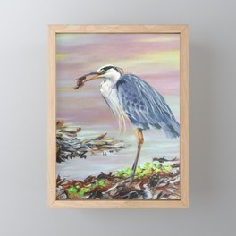 Heron with fish Framed Mini Art Print