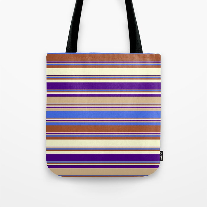 Eyecatching Tan, Royal Blue, Sienna, Light Yellow, and Indigo Colored Lines Pattern Tote Bag