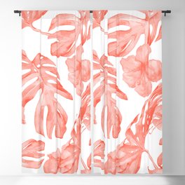Tropical Hibiscus and Palm Leaves Dark Coral White Blackout Curtain