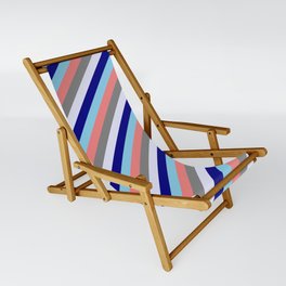 [ Thumbnail: Eyecatching Sky Blue, Light Coral, Grey, Lavender & Blue Colored Striped Pattern Sling Chair ]