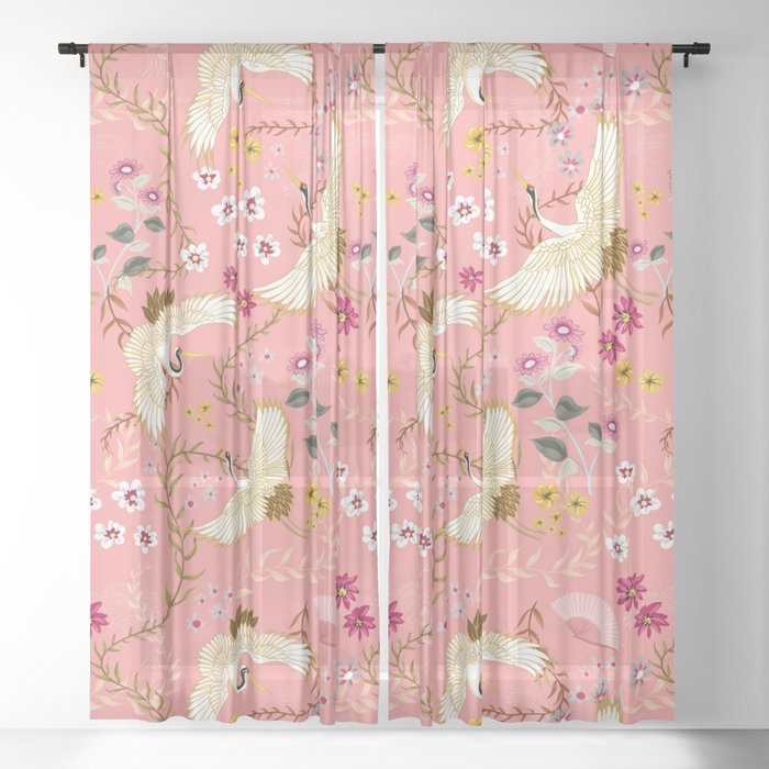 Chinoiserie cranes on pink, birds, flowers,  Sheer Curtain
