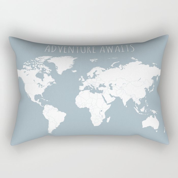 Adventure Awaits World Map in Slate Blue Rectangular Pillow
