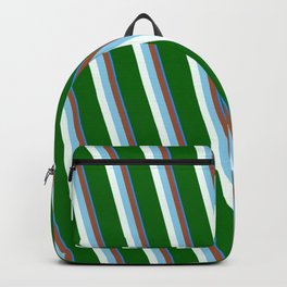 [ Thumbnail: Eyecatching Blue, Sienna, Sky Blue, Mint Cream & Dark Green Colored Stripes/Lines Pattern Backpack ]