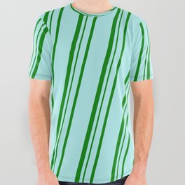 [ Thumbnail: Turquoise & Green Colored Stripes Pattern All Over Graphic Tee ]