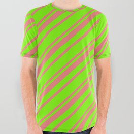 [ Thumbnail: Green and Light Coral Colored Striped Pattern All Over Graphic Tee ]