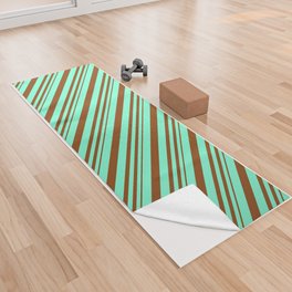 [ Thumbnail: Brown & Aquamarine Colored Lines/Stripes Pattern Yoga Towel ]
