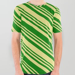 [ Thumbnail: Green & Tan Colored Stripes Pattern All Over Graphic Tee ]