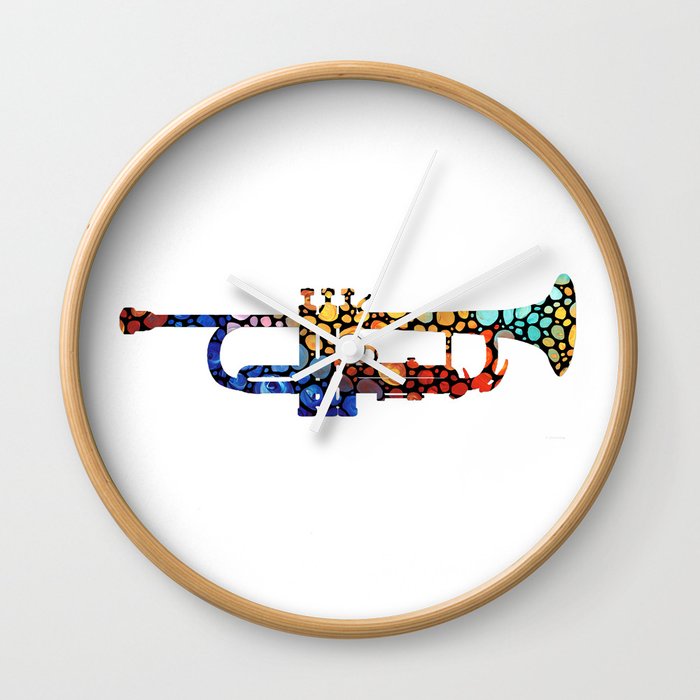 Whimsical Colorful Mosaic Music Trumpet Art Wall Clock