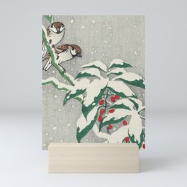 Sparrows on Snowy Berry Bush  Mini Art Print