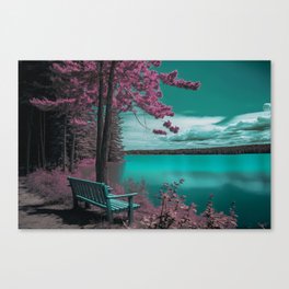 Balsam Lake Lonely Bench Landscape Scene in Pink and Teal Canvas Print