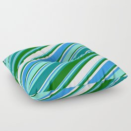[ Thumbnail: Colorful Blue, Aquamarine, Teal, Dark Green, and Mint Cream Colored Lines/Stripes Pattern Floor Pillow ]
