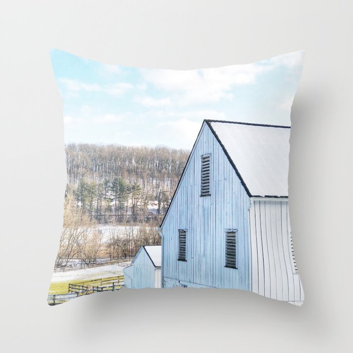 Rustic White Barns in the Snow Throw Pillow