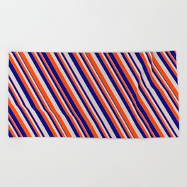 [ Thumbnail: Blue, Light Gray & Red Colored Lined Pattern Beach Towel ]