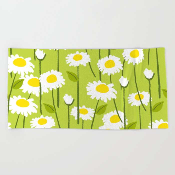 Cheerful Modern Daisy Flowers On Green Beach Towel
