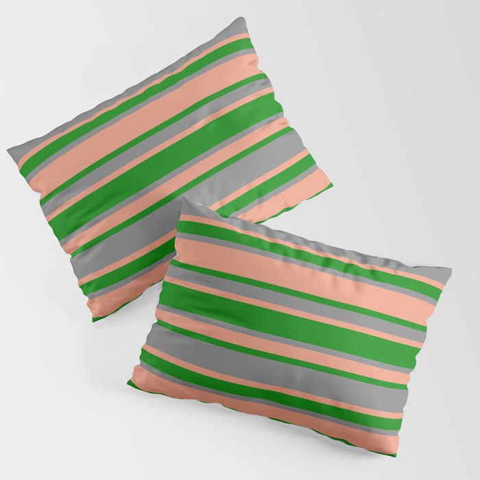 Grey, Dark Salmon & Green Colored Lines Pattern Pillow Sham
