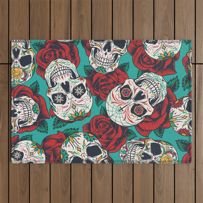 Mexican Day of Dead seamless pattern with colorful calaveras on rose flowers background in vintage style Vintage illustration Outdoor Rug