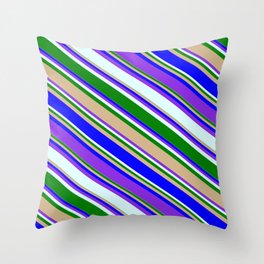 [ Thumbnail: Colorful Green, Tan, Blue, Purple, and Light Cyan Colored Striped/Lined Pattern Throw Pillow ]