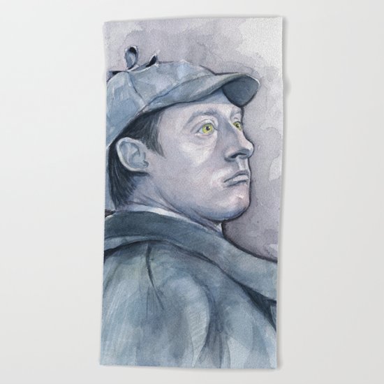 Data as Sherlock Holmes Watercolor TNG Portrait Beach Towel