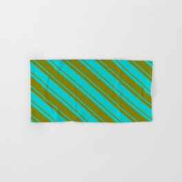 [ Thumbnail: Green and Dark Turquoise Colored Striped/Lined Pattern Hand & Bath Towel ]