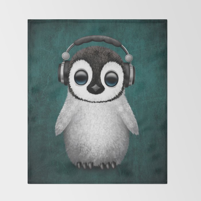 Cute Baby Penguin Dj Wearing Headphones On Blue Throw Blanket By