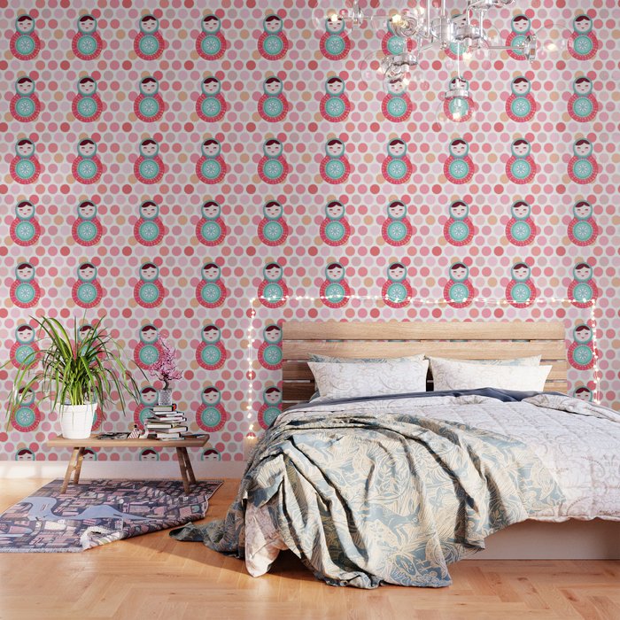 Doll Matryoshka Pink And Blue Pink Polka Dot Background