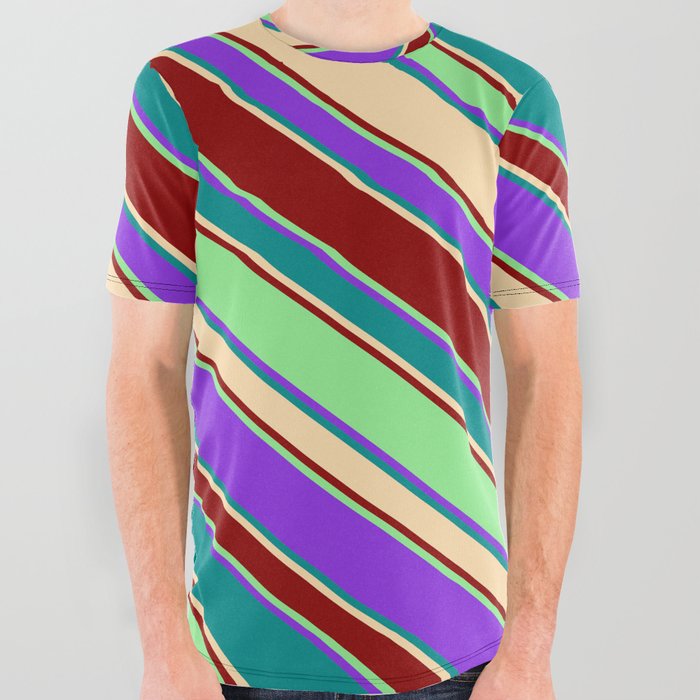 Purple, Dark Cyan, Tan, Dark Red, and Light Green Colored Striped/Lined Pattern All Over Graphic Tee