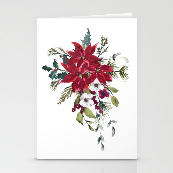 Poinsettia Flower Watercolor Red Flower Christmas Stationery Cards By Colorflowcreations Society6