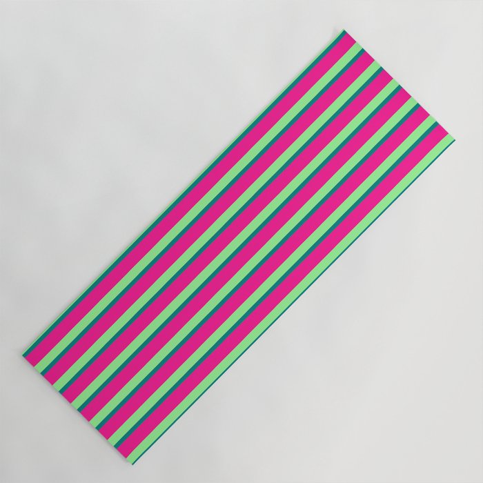 Green, Teal, and Deep Pink Colored Stripes Pattern Yoga Mat