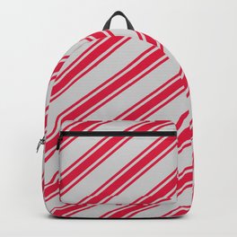 [ Thumbnail: Light Grey & Crimson Colored Striped Pattern Backpack ]