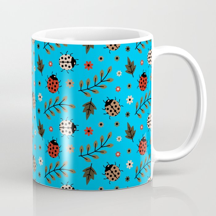 Ladybug and Floral Seamless Pattern on Turquoise Background Coffee Mug