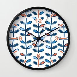 Retro Mid Century Modern Leaf Pattern in Classic Blues and Muted Orange Wall Clock