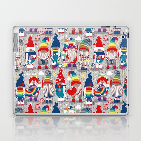I gnome you // grey background little happy and lovely gnomes with rainbows vivid red hearts Laptop & iPad Skin