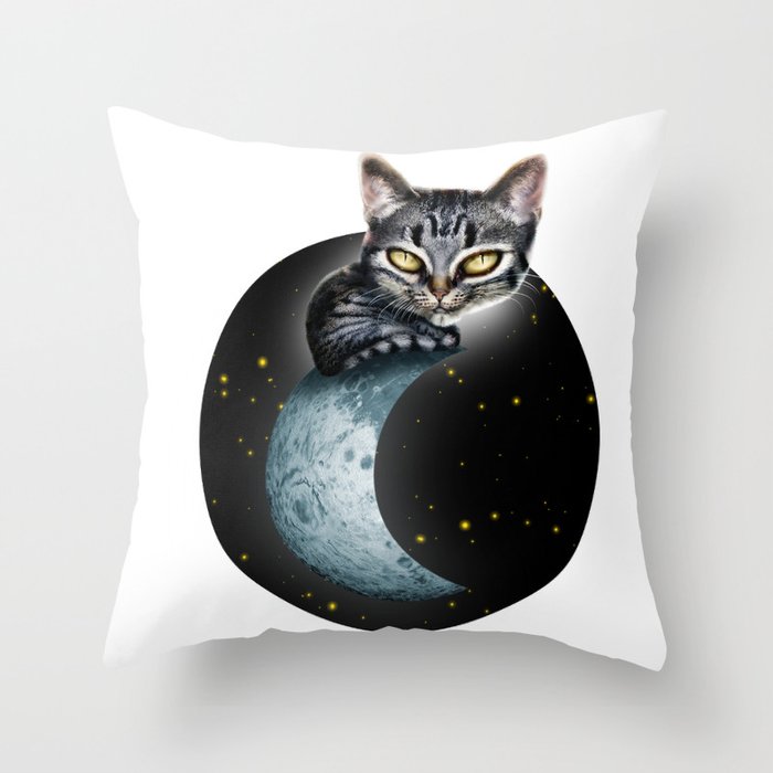 CAT ON THE MOON Throw Pillow