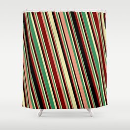 [ Thumbnail: Vibrant Pale Goldenrod, Sea Green, Dark Salmon, Maroon, and Black Colored Striped Pattern Shower Curtain ]