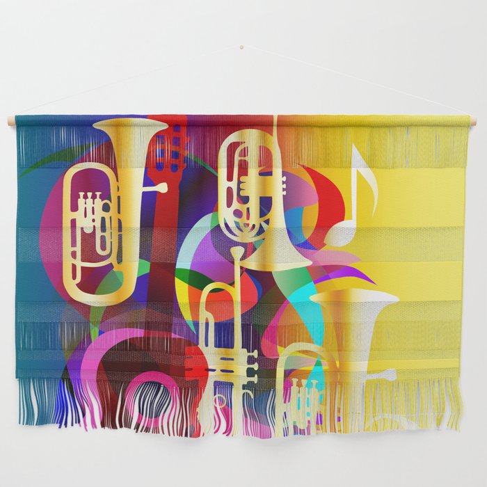 Colorful music instruments with guitar, trumpet, musical notes, bass clef and abstract decor Wall Hanging
