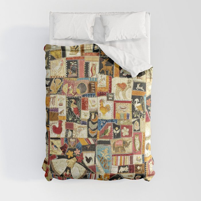 Vintage Multicolor Crazy Quilt with Animals Comforter