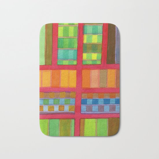 Red Grid with Checks Pattern and vertical Stripes Bath Mat
