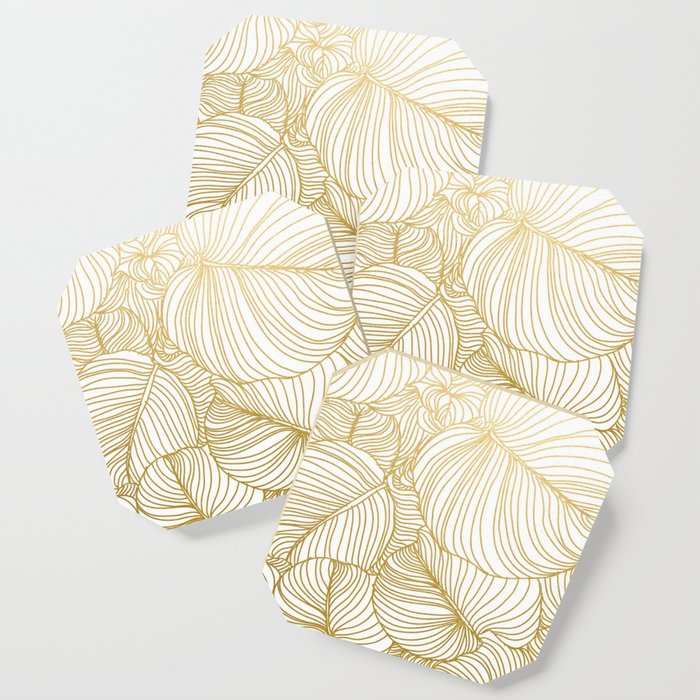Wilderness Gold, Tropical Leaves Nature Line Art, Botanical Golden Minimal Graphic Drawing Coaster