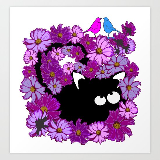 Cosmos birds & cat Art Print