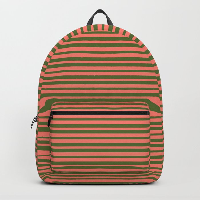 Salmon and Dark Olive Green Colored Striped Pattern Backpack