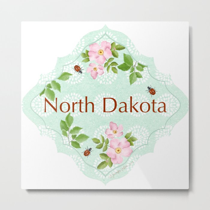 North Dakota Sticker | Vinyl Artist Designed Illustration Featuring the North Dakota State Flower Tree Insect | ND State Sticker Wild Prairie Rose Metal Print