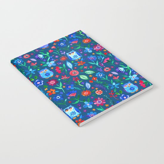 Little Owls and Flowers on deep teal blue Notebook