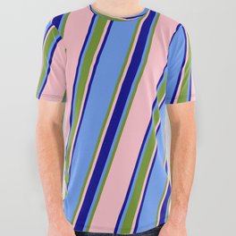 [ Thumbnail: Cornflower Blue, Green, Pink & Dark Blue Colored Striped/Lined Pattern All Over Graphic Tee ]