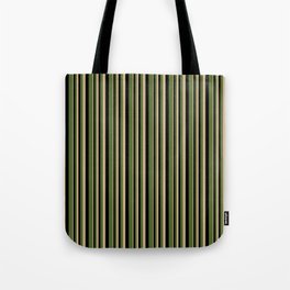 [ Thumbnail: Tan, Black & Dark Olive Green Colored Lined Pattern Tote Bag ]